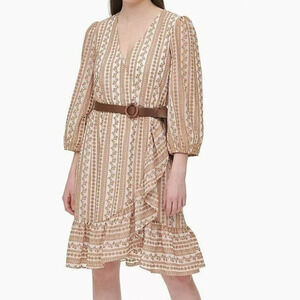 Calvin Klein Lace V-Neck 3/4 Sleeve Ruffle Dress Faux Wrap Size Small